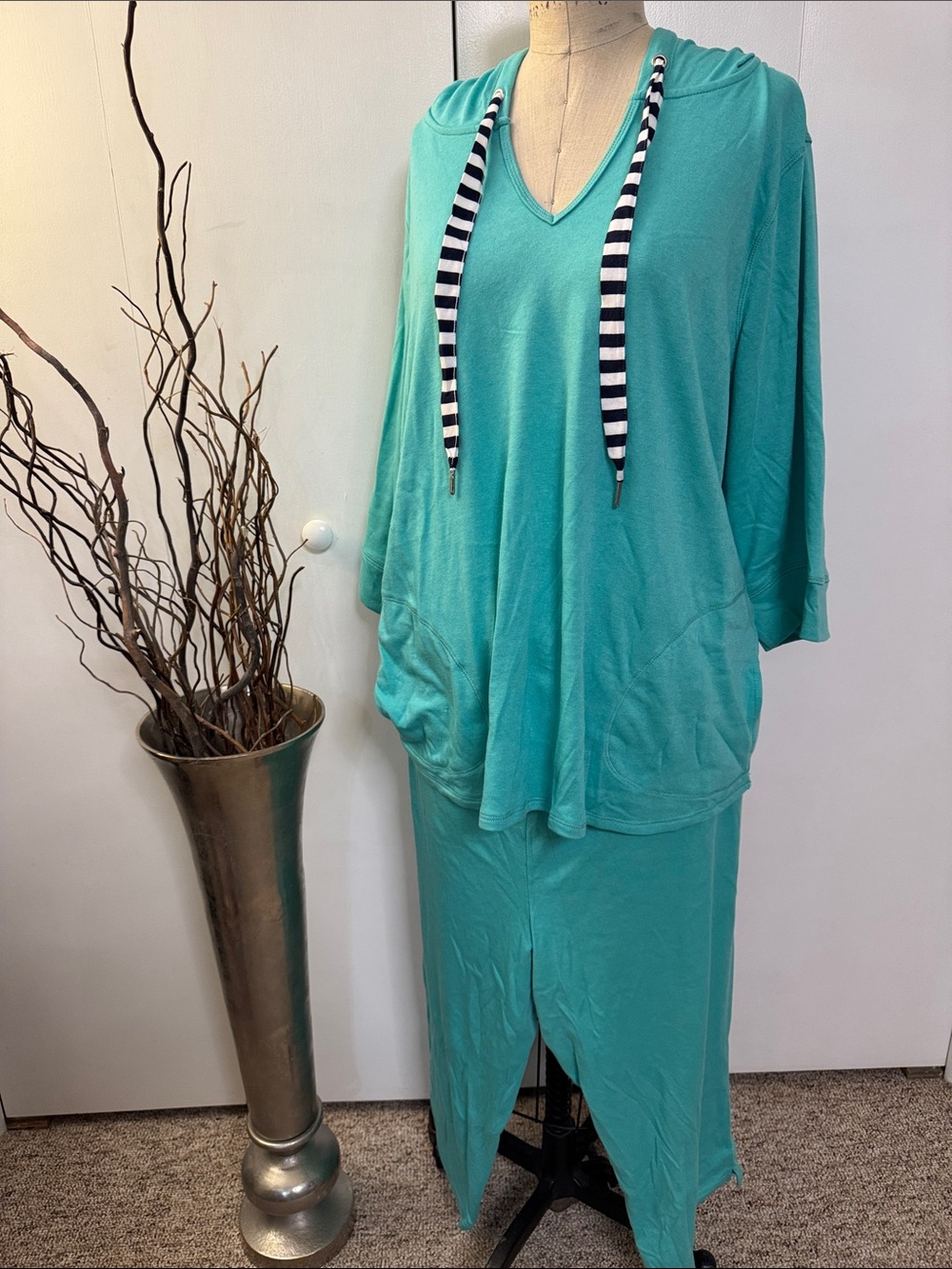 Belle by Kim Gravel Teal Hooded 2 piece Swim Coverup with Striped Drawstrings